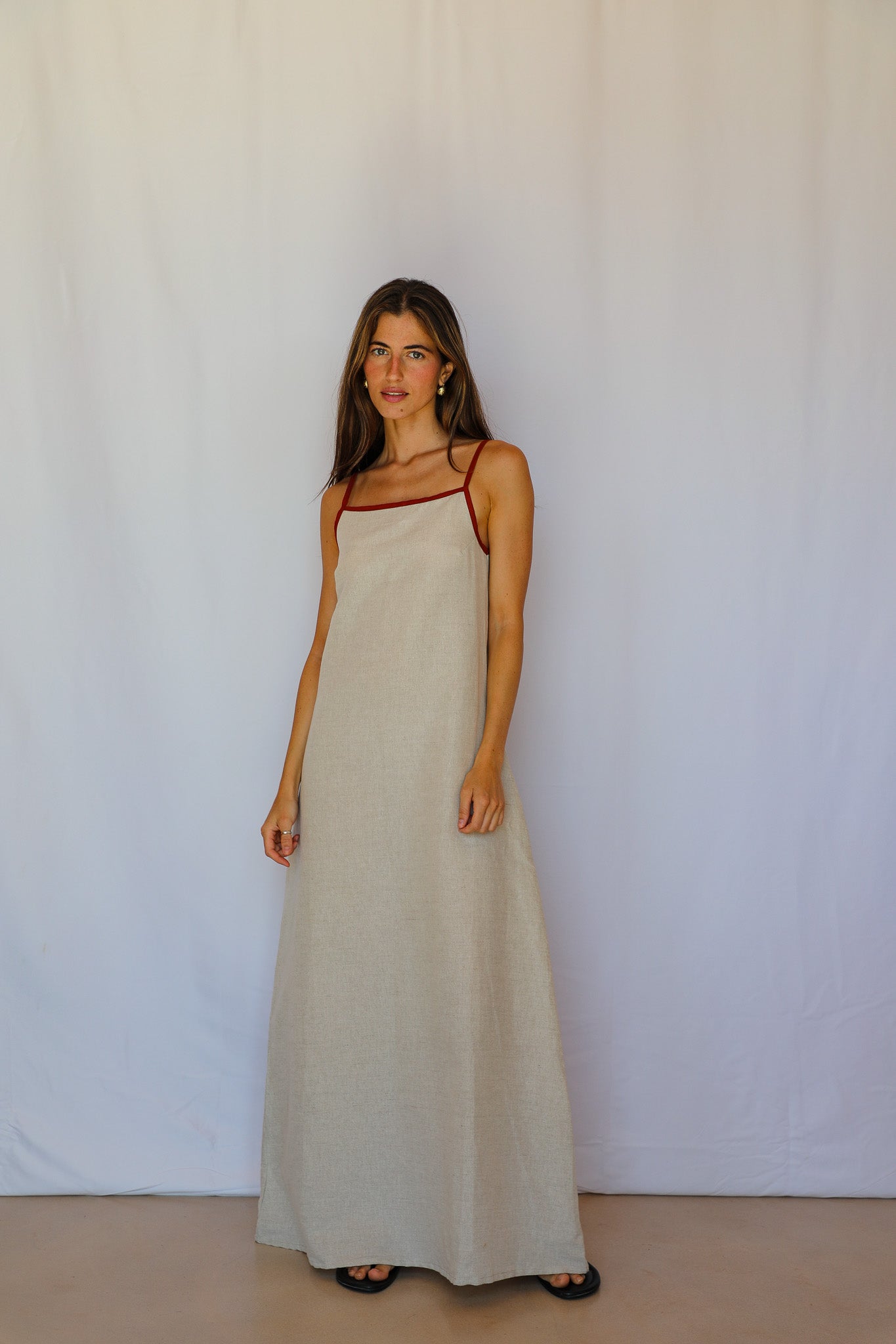 Square Straps Linen Dress Beige & Burgundy