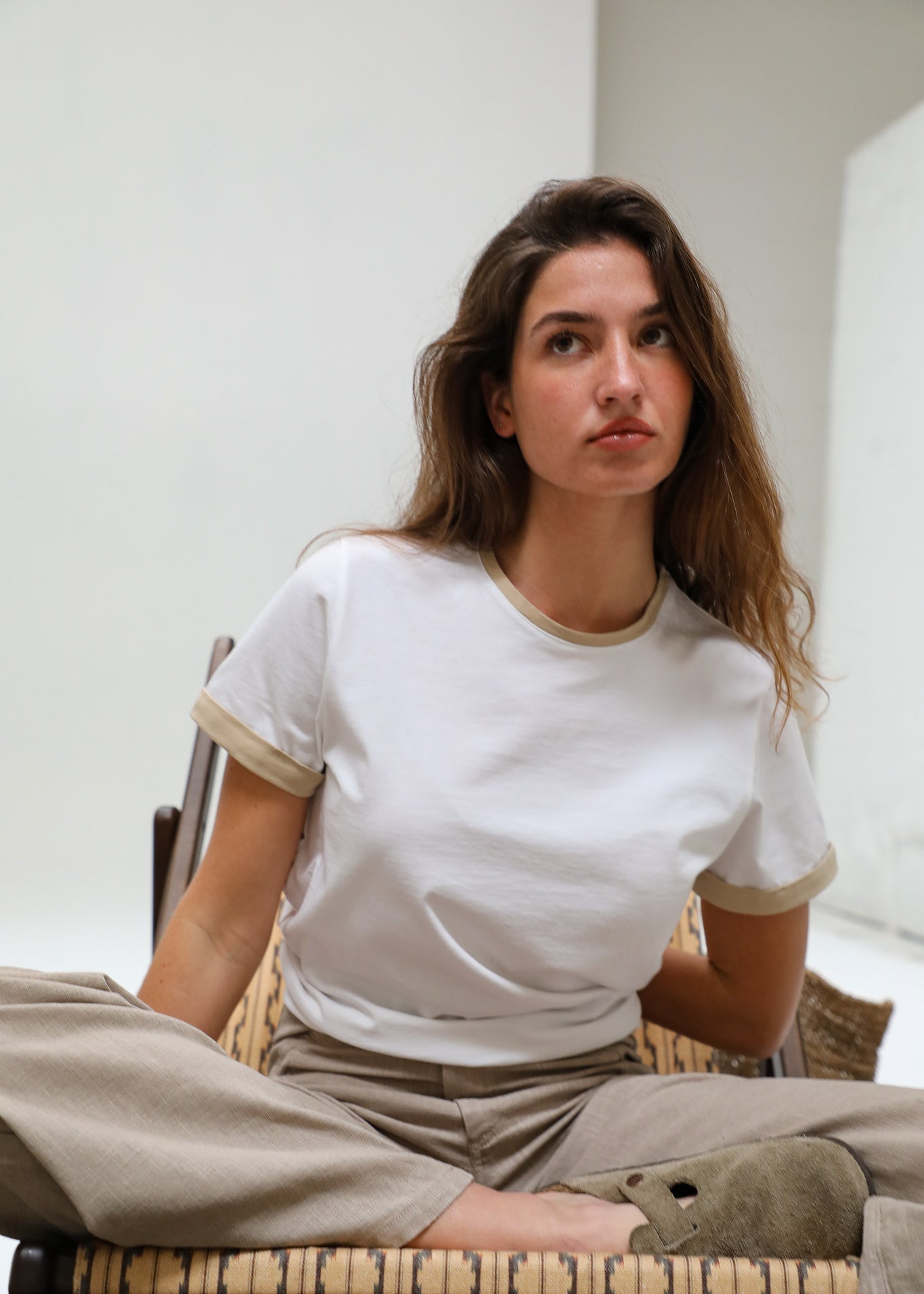 Short Ringer T-Shirt White & Beige