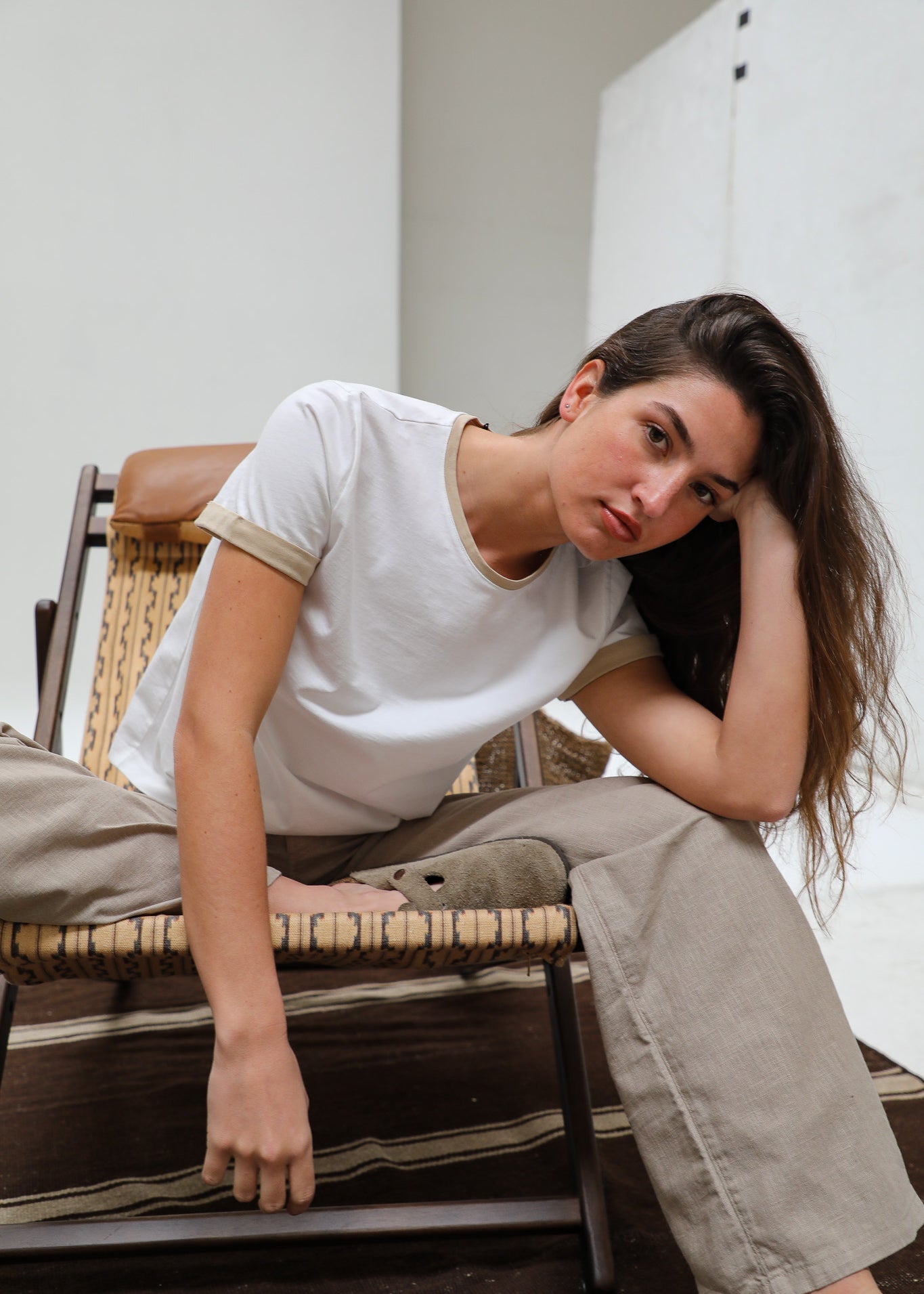 Short Ringer T-Shirt White & Beige
