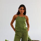 Halter Buttons Linen Top Olive Green