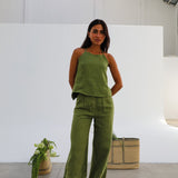 Halter Buttons Linen Top Olive Green