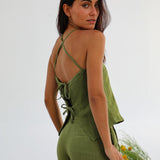 Halter Buttons Linen Top Olive Green