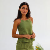 Halter Buttons Linen Top Olive Green