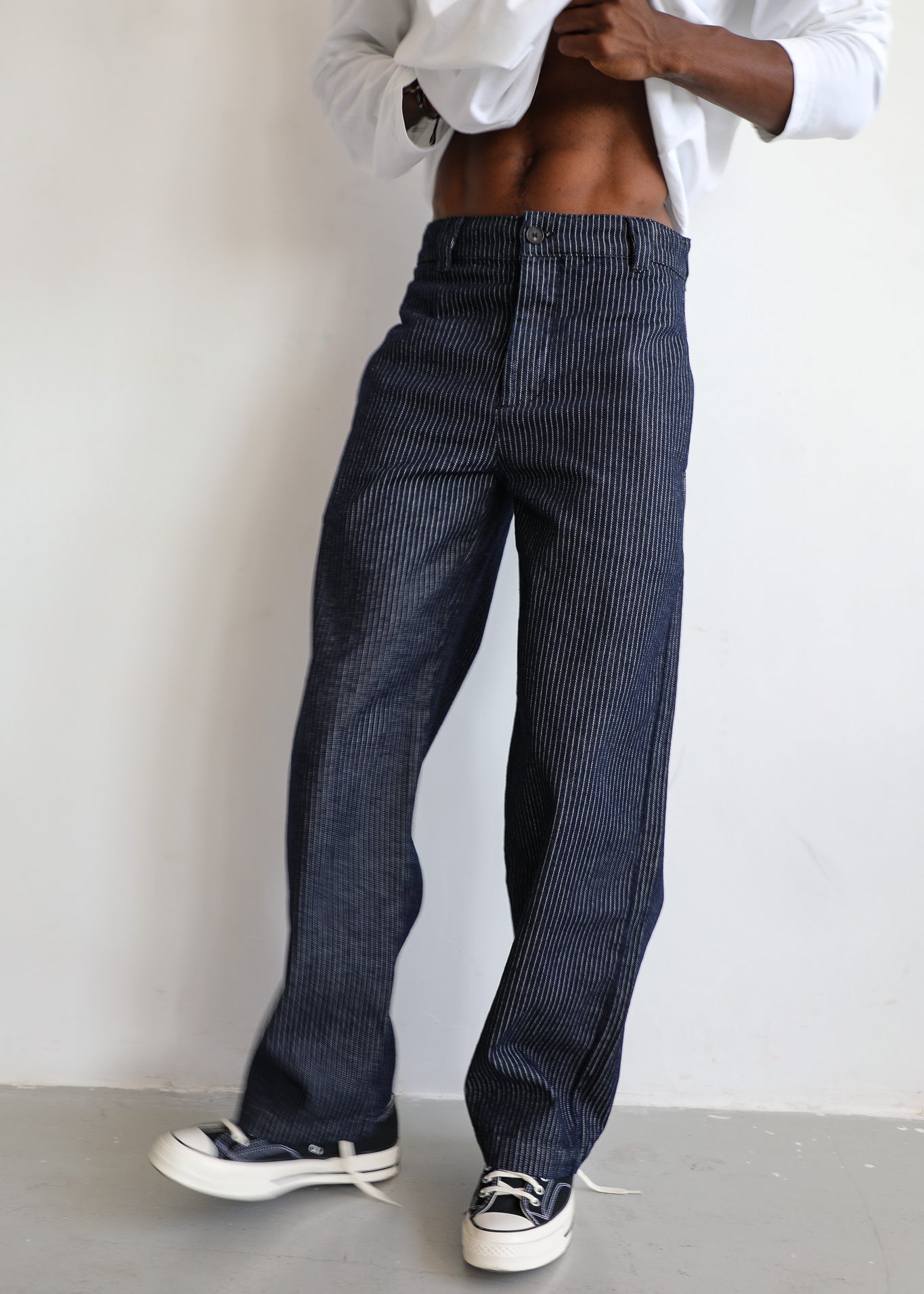 Button Stripes Comfy Pants Navy