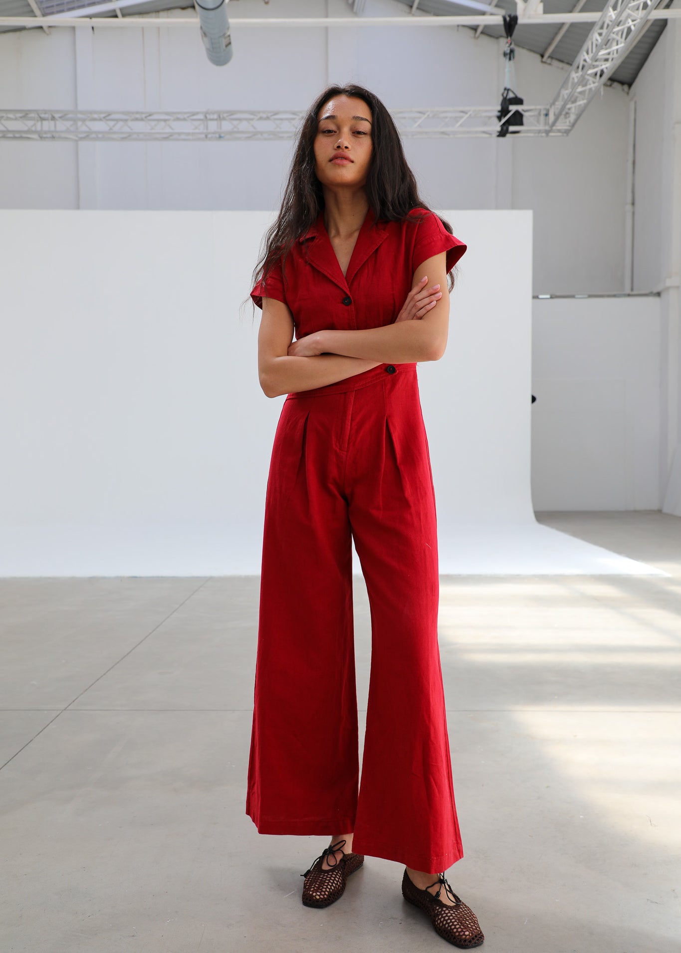 Linen Buttons Romper Red