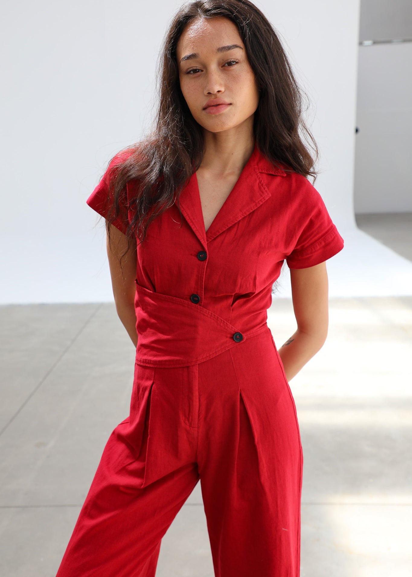Linen Buttons Romper Red