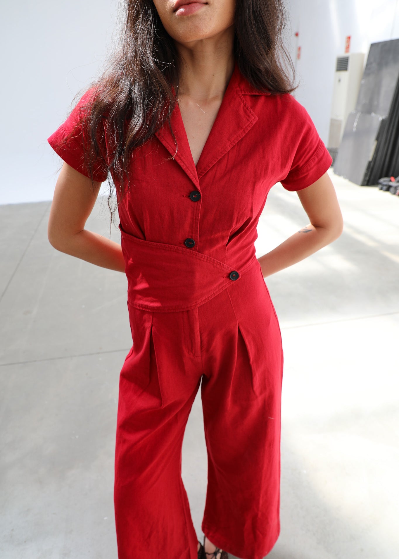 Linen Buttons Romper Red