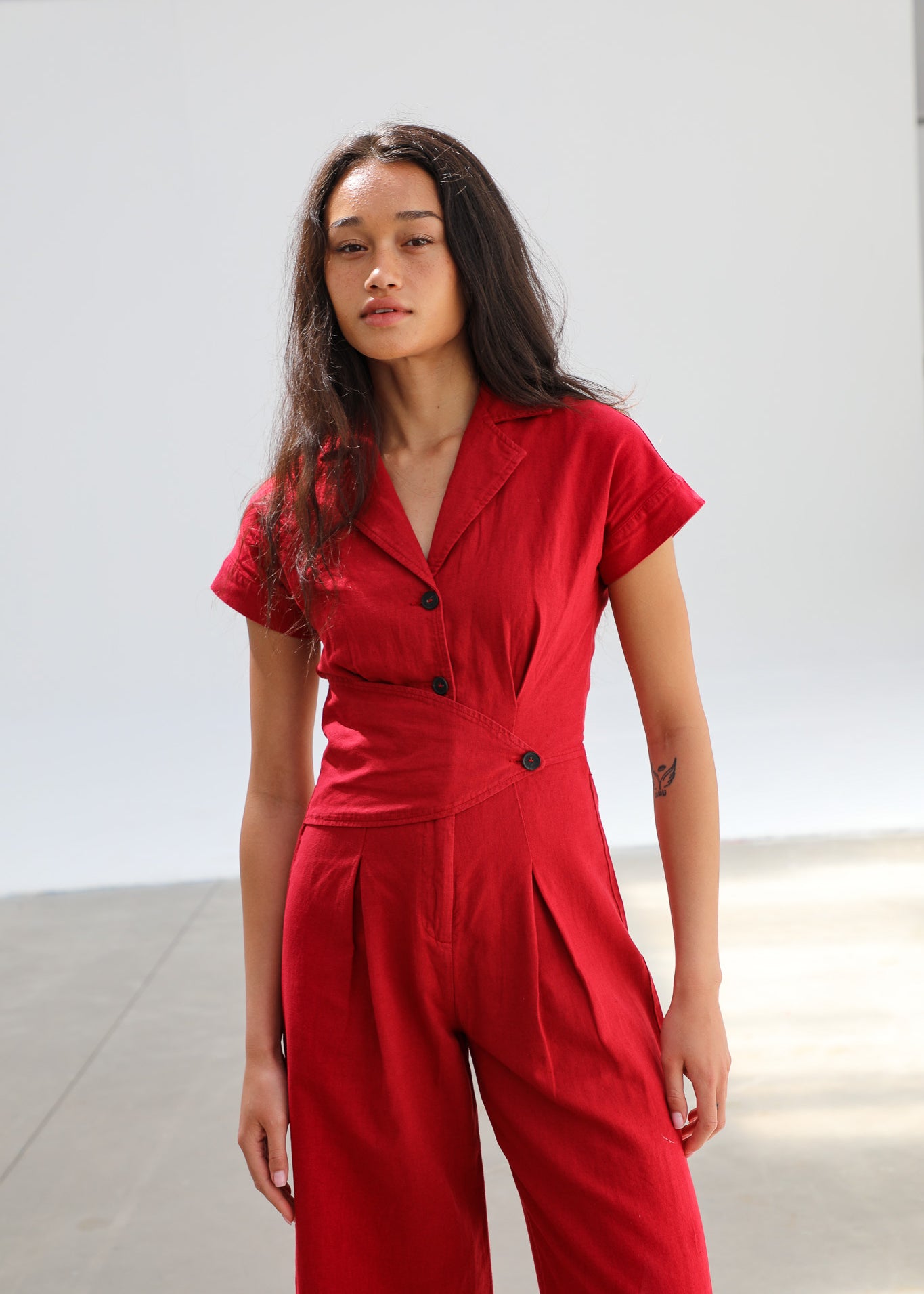 Linen Buttons Romper Red