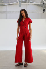 Linen Buttons Romper Red