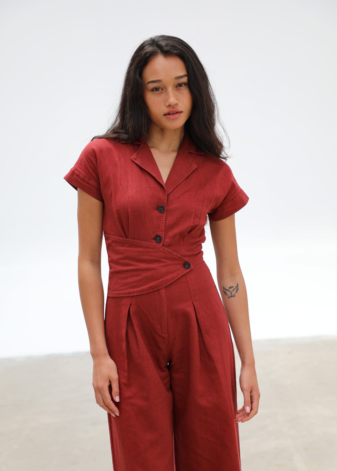 Linen Buttons Romper Tile