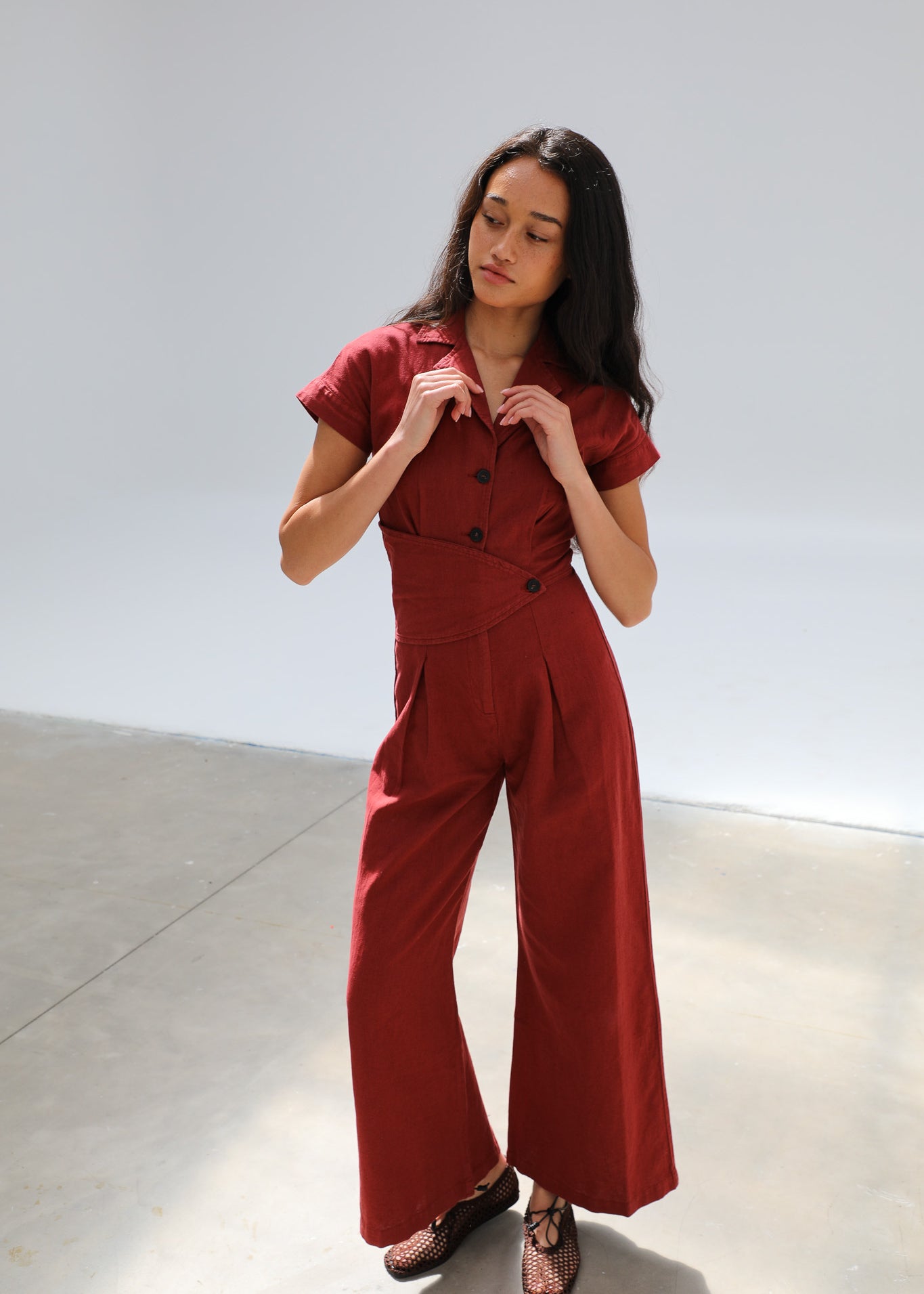 Linen Buttons Romper Tile