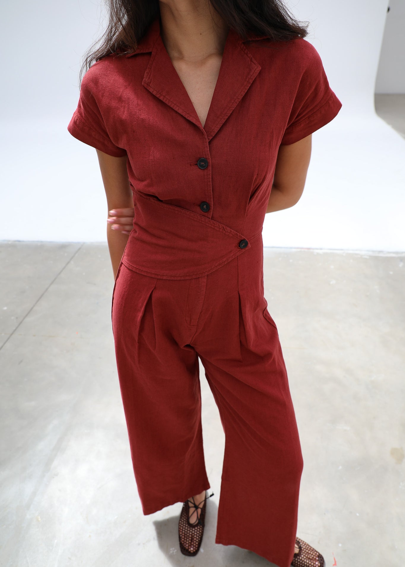 Linen Buttons Romper Tile