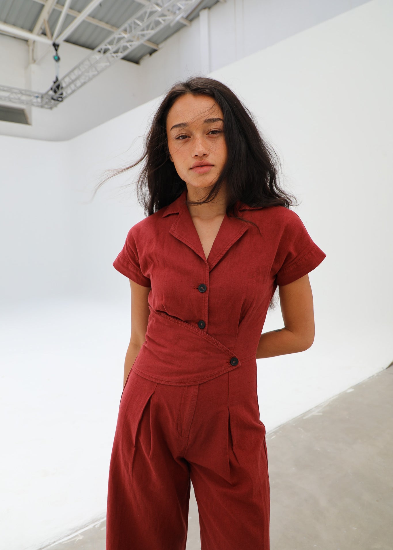 Linen Buttons Romper Tile