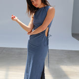 Hole Linen Dress Blue