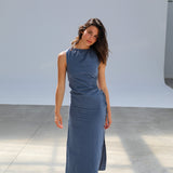 Hole Linen Dress Blue