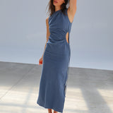 Hole Linen Dress Blue