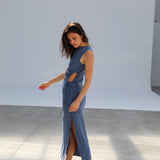 Hole Linen Dress Blue