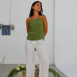 Halter Buttons Linen Top Olive Green