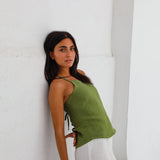 Halter Buttons Linen Top Olive Green