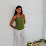 Halter Buttons Linen Top Olive Green
