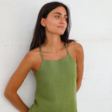 Halter Buttons Linen Top Olive Green