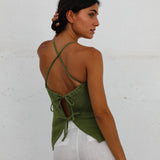 Halter Buttons Linen Top Olive Green