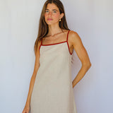 Square Straps Linen Dress Beige & Burgundy