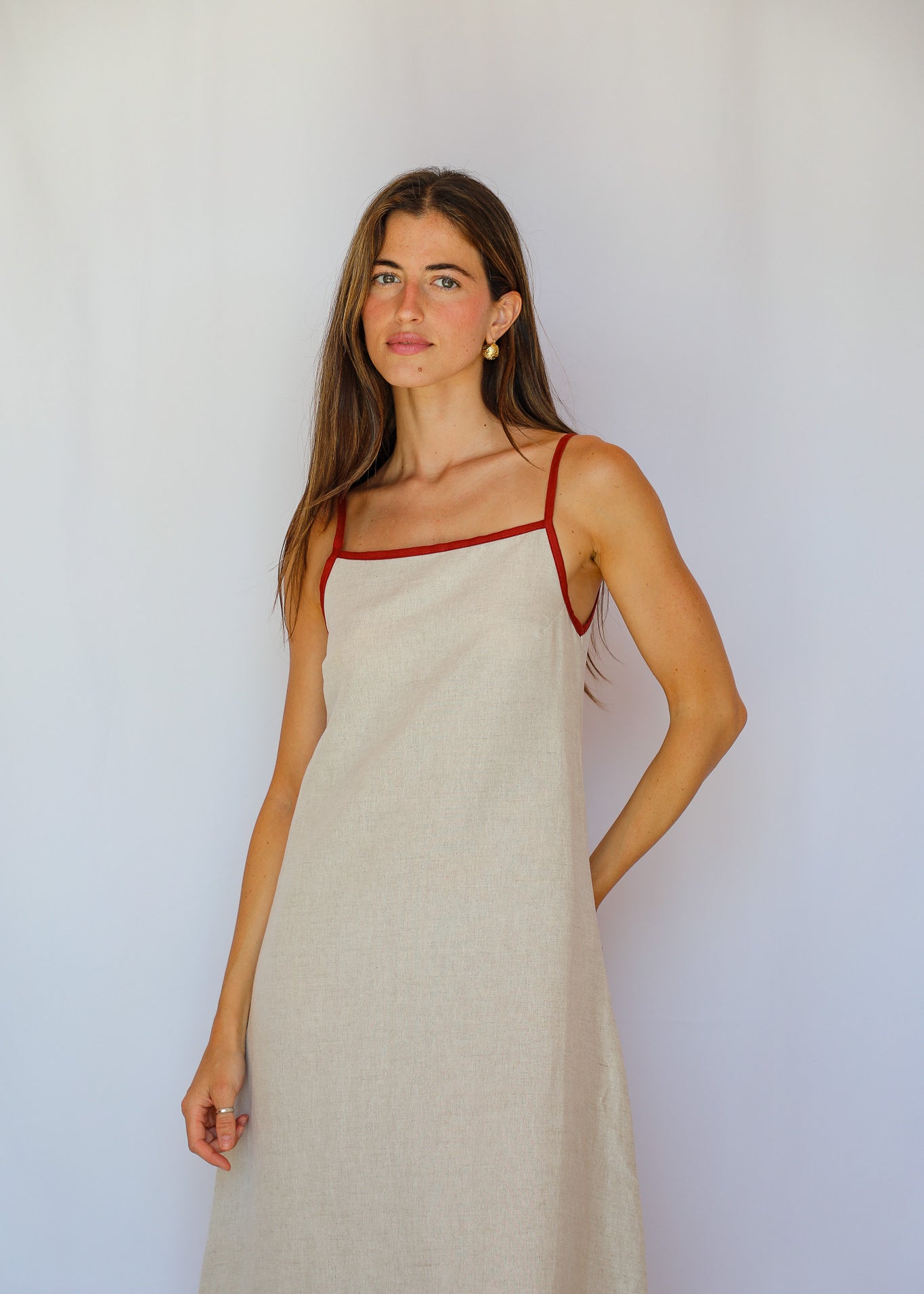 Square Straps Linen Dress Beige & Burgundy