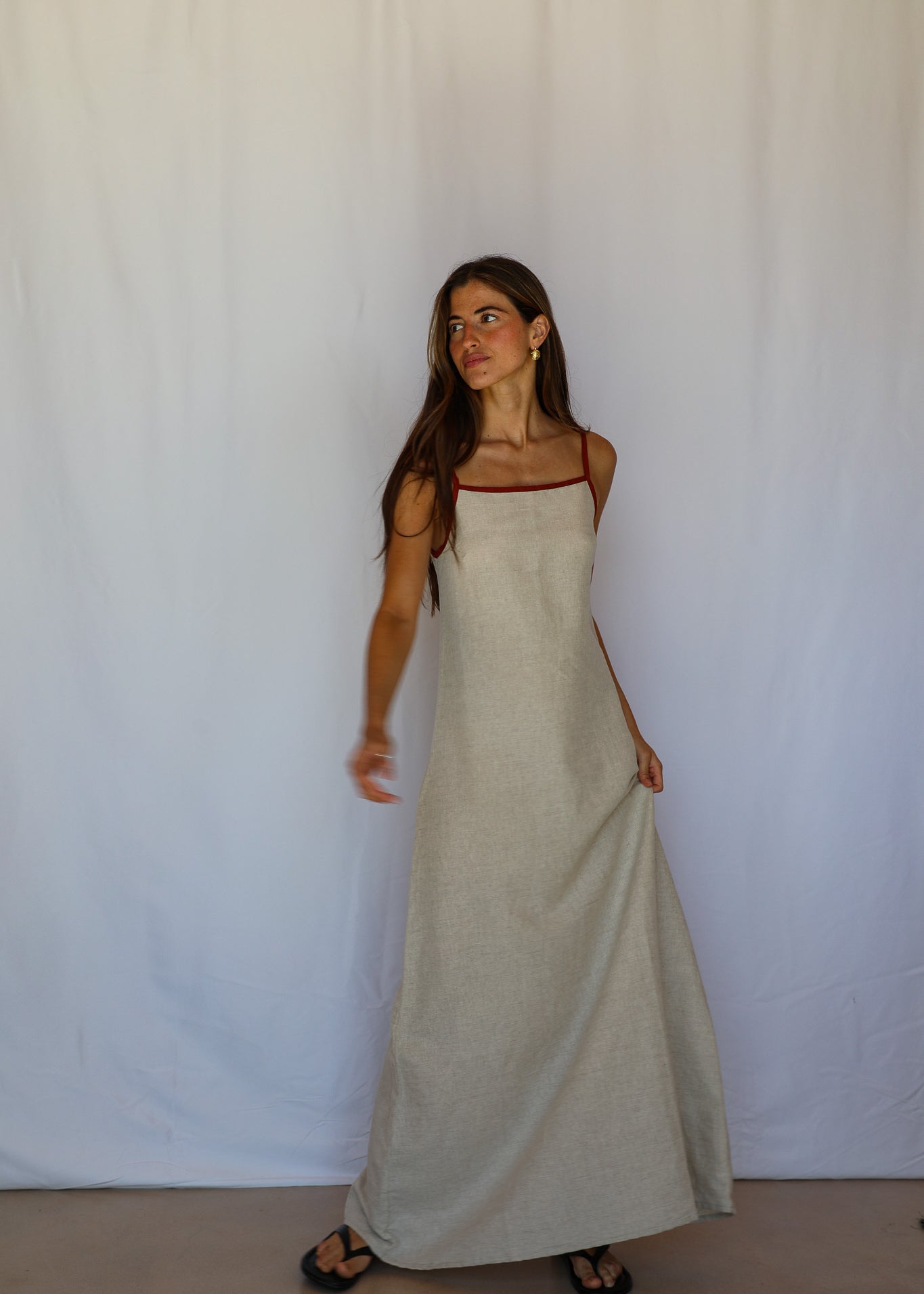 Square Straps Linen Dress Beige & Burgundy