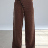 Linen Crossed Buttons Pants Brown