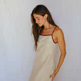 Square Straps Linen Dress Beige & Burgundy