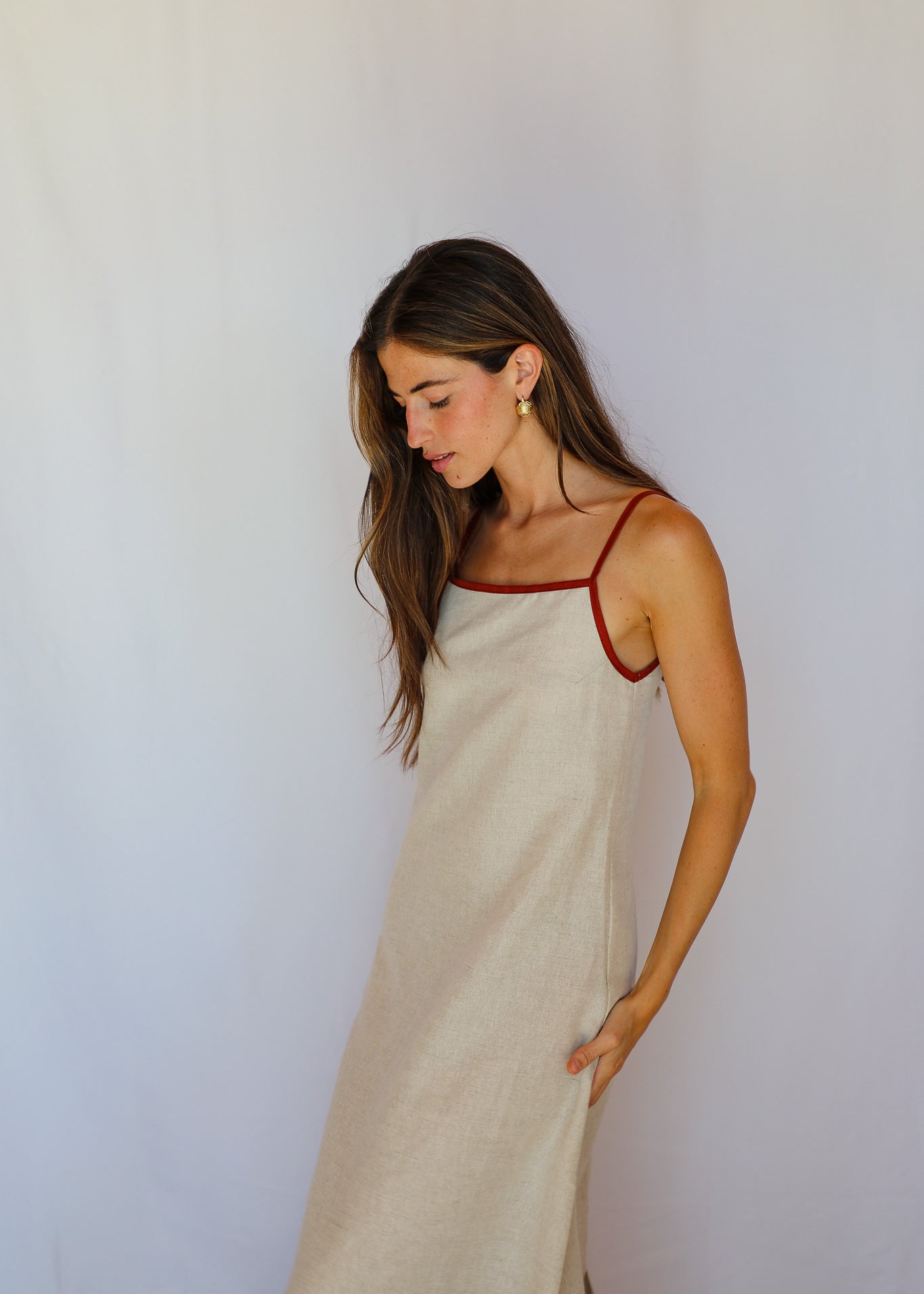 Square Straps Linen Dress Beige & Burgundy