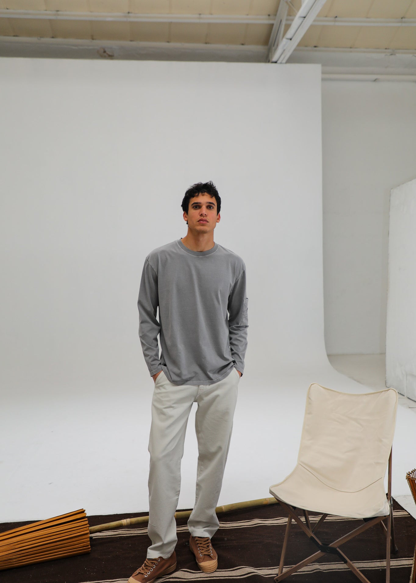 Long Trendy Side Pocket T-Shirt Detail Light Grey