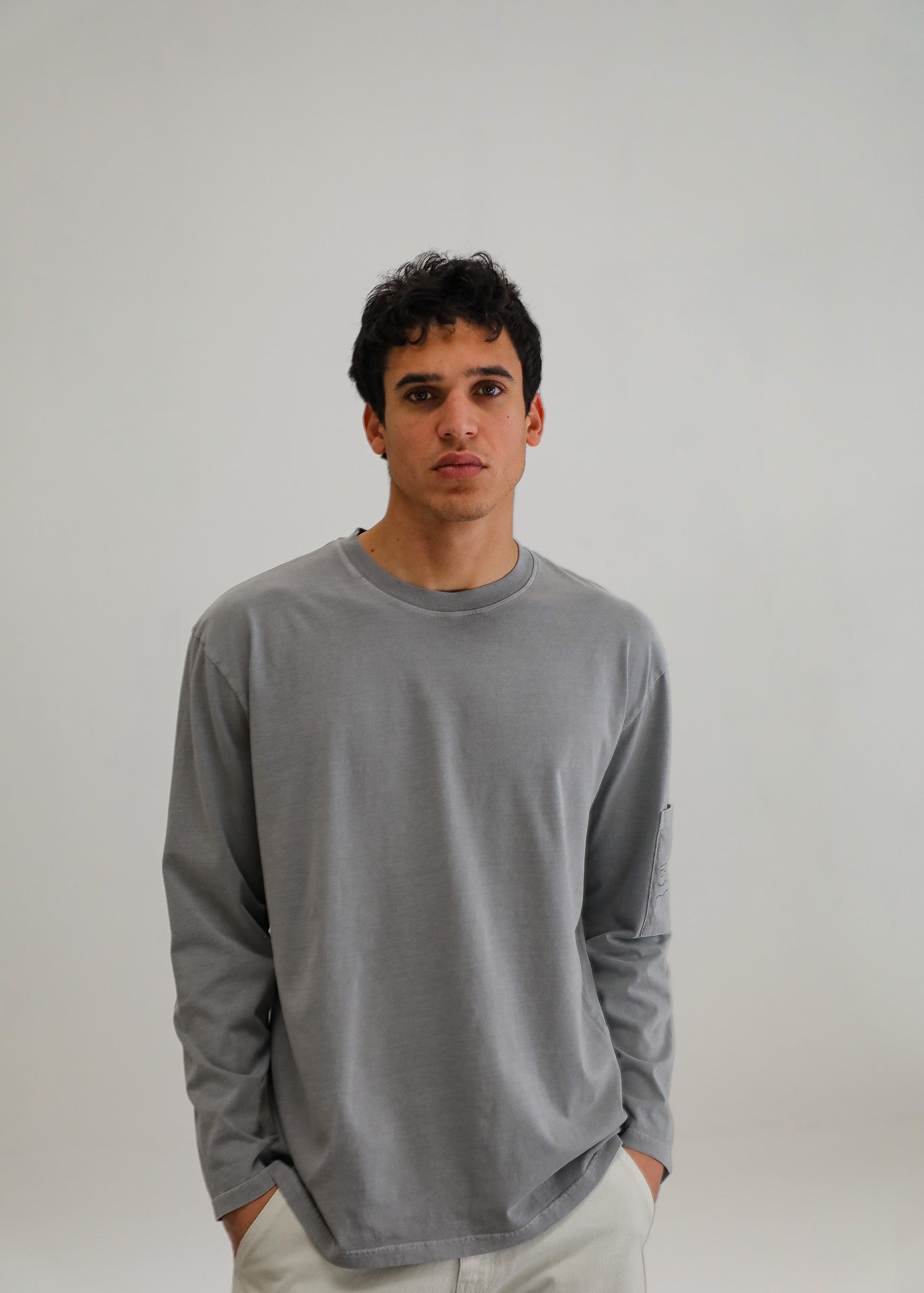 Long Trendy Side Pocket T-Shirt Detail Light Grey