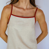 Square Straps Linen Dress Beige & Burgundy