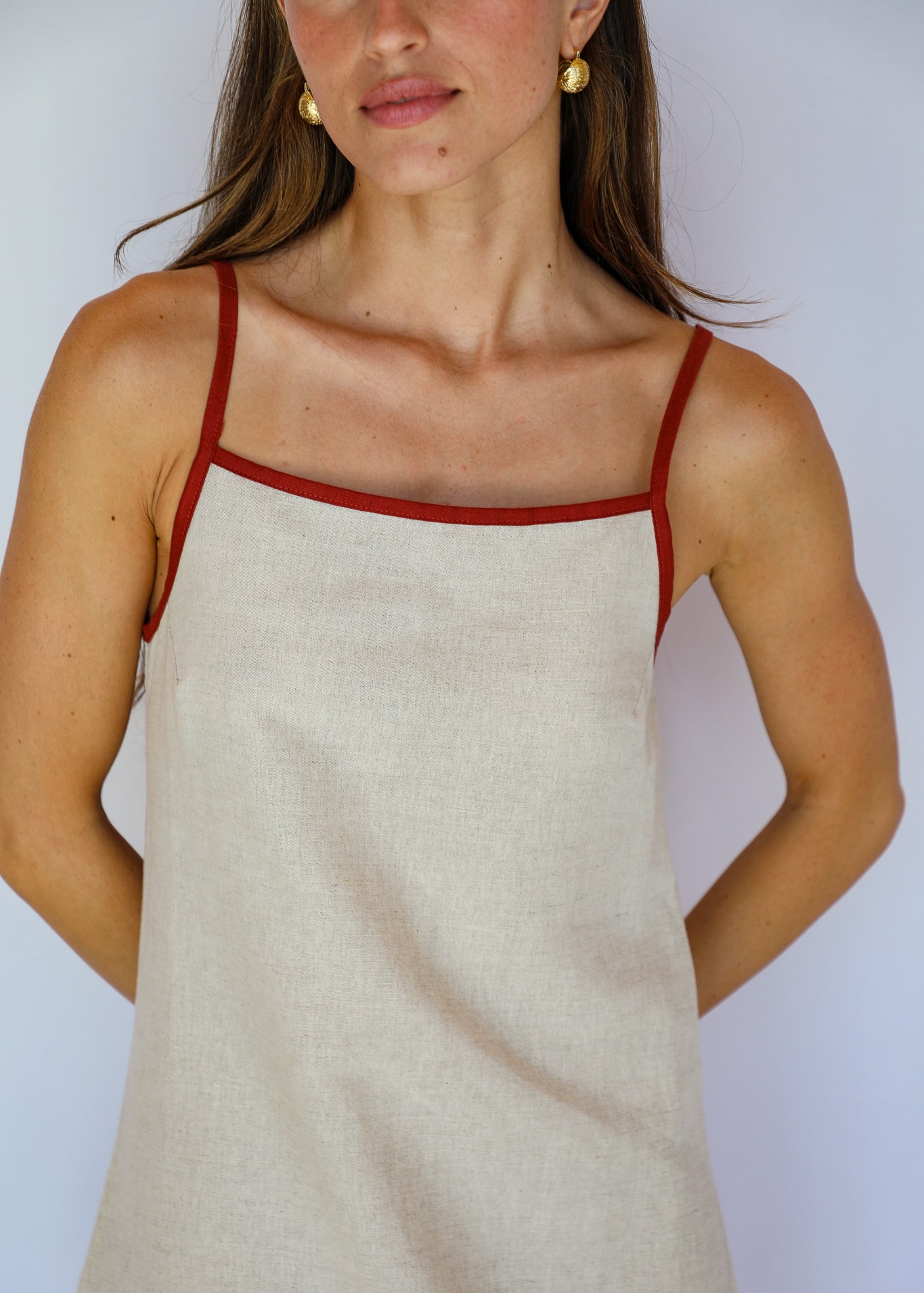 Square Straps Linen Dress Beige & Burgundy