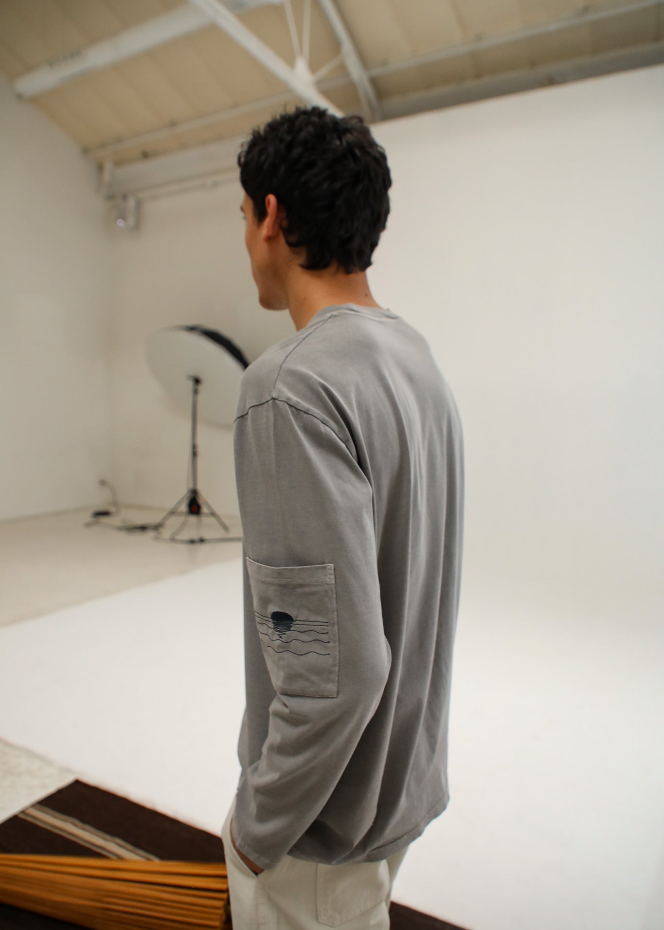Long Trendy Side Pocket T-Shirt Detail Light Grey
