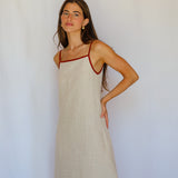 Square Straps Linen Dress Beige & Burgundy