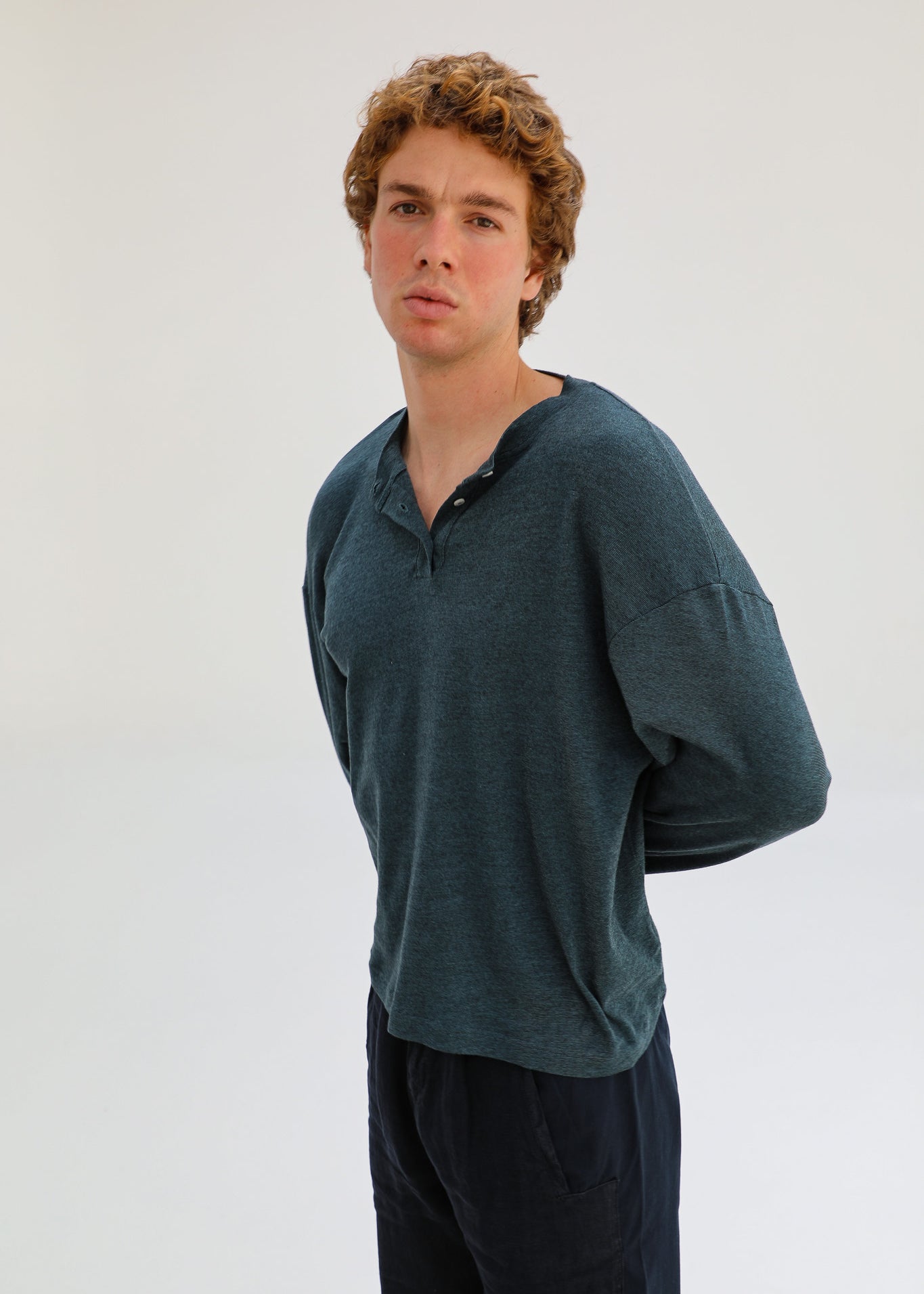 Long Trendy Buttons T-Shirt Stripes Blue