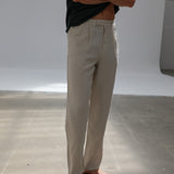 Crossed Linen Pleated Pants Beige
