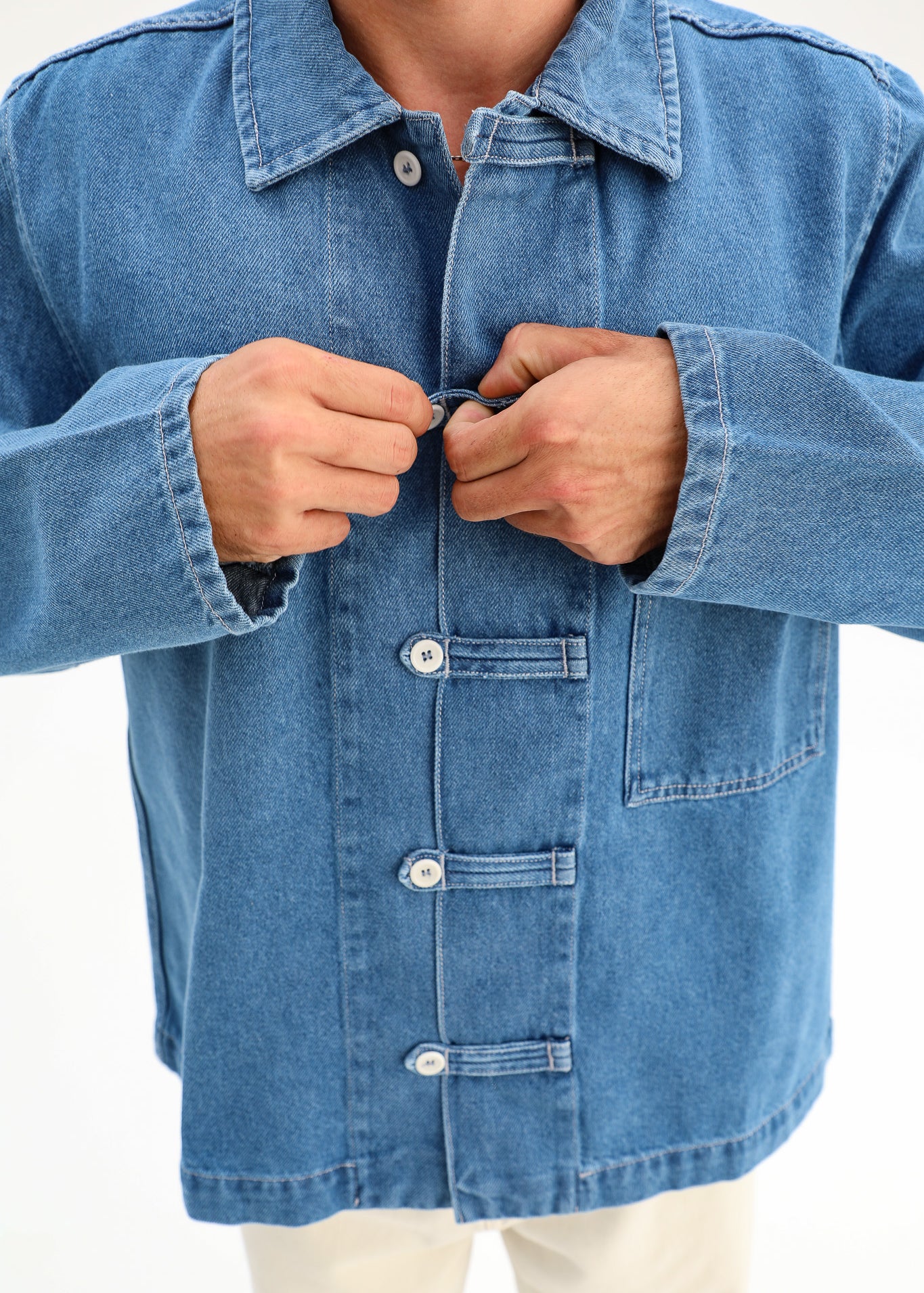chaqueta denim cierre estilo japonés