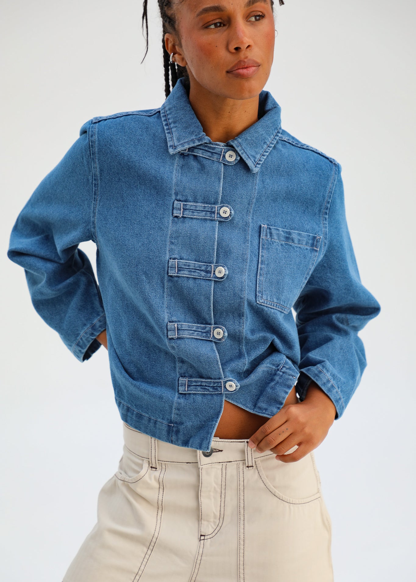 chaqueta estilo japonés cierre japonés vaquera denim