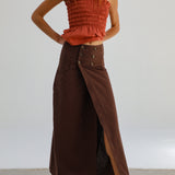 Buttons Long Linen Skirt Brown