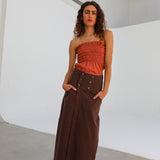 Buttons Long Linen Skirt Brown