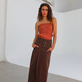 Buttons Long Linen Skirt Brown