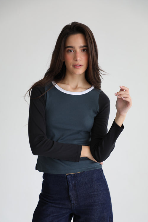 Triple Tone Long T-Shirt Blue