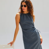 Hole Linen Dress Dark Blue