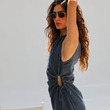 Hole Linen Dress Dark Blue