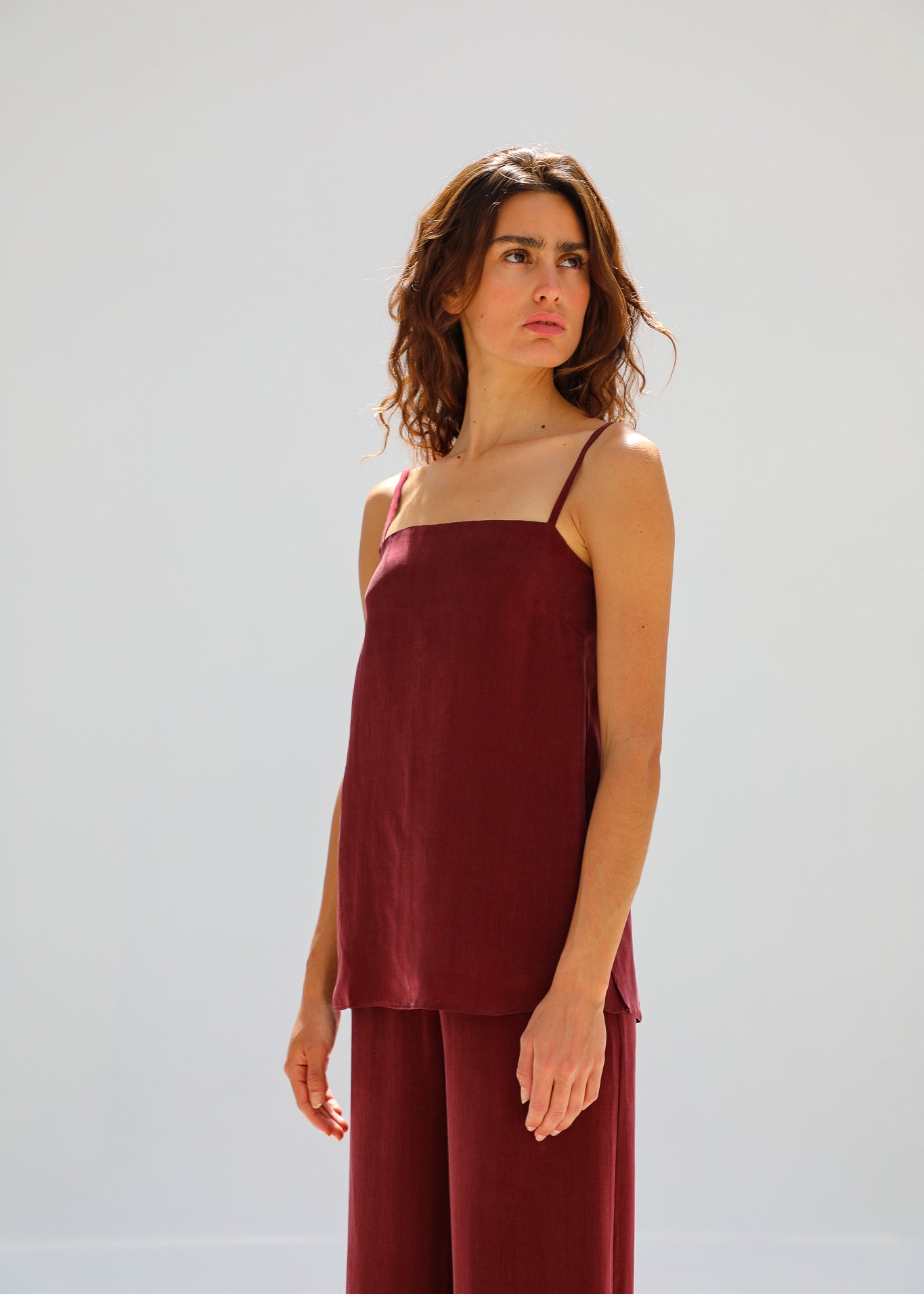 Thin Straps Cupro Silk Top Burgundy