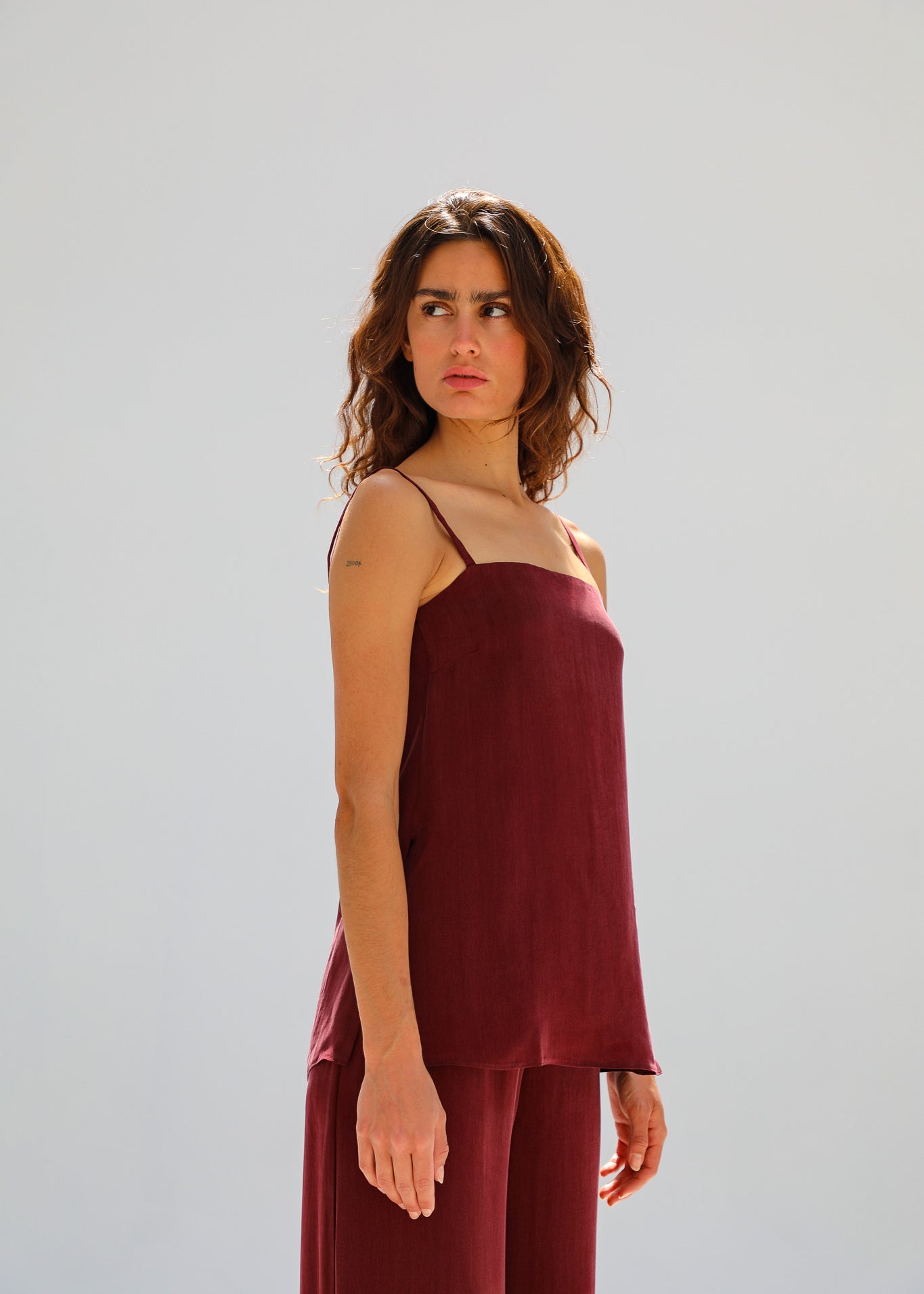 Thin Straps Cupro Silk Top Burgundy